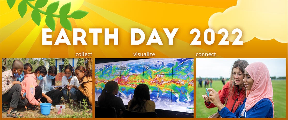 GLOBE's Earth Day 2022 banner, showing three photos of community members in action