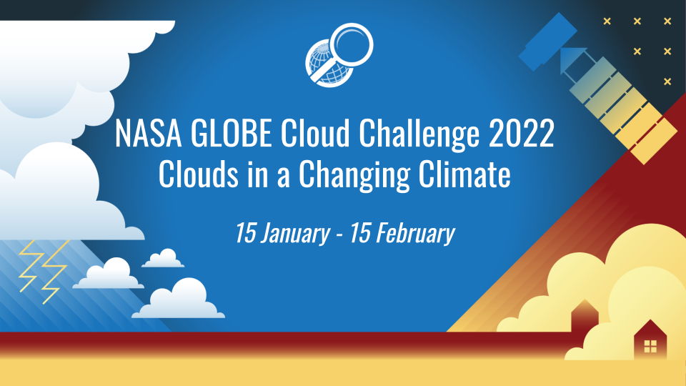 NASA GLOBE Cloud Challenge 2022 shareable, showing clouds and lightning and satellites in space, and, of course, clouds