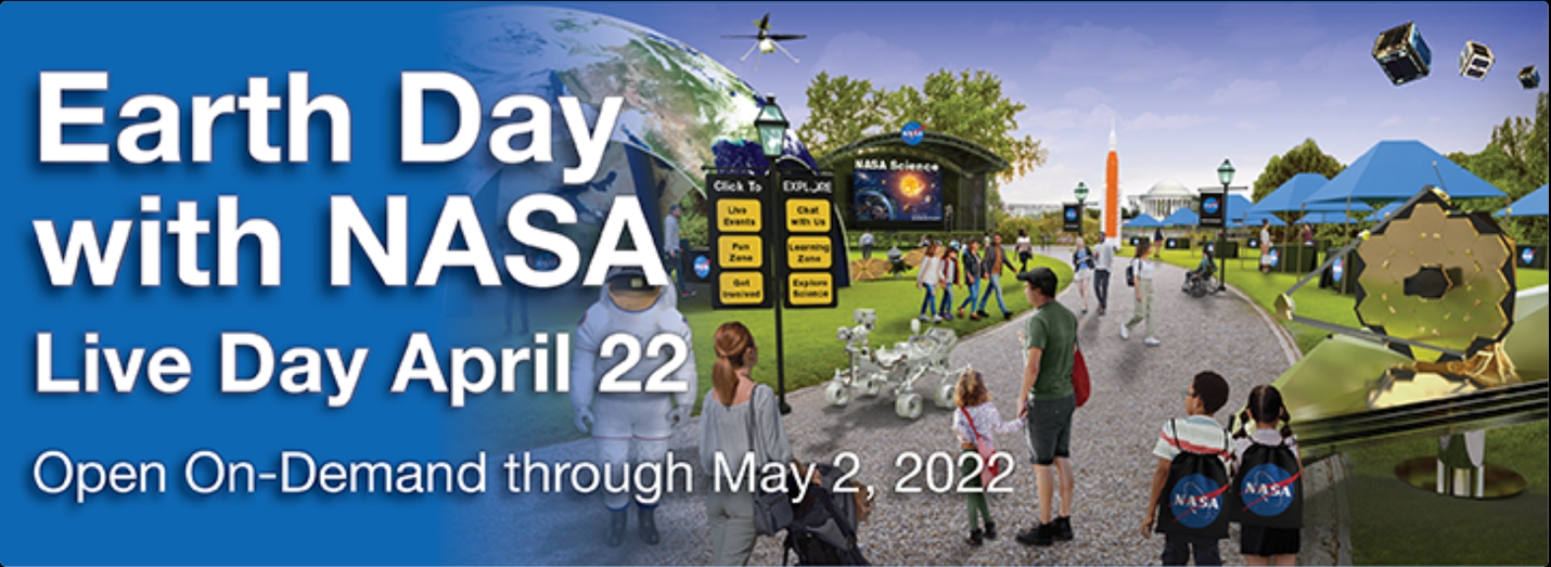 Earth Day with NASA banner, showing a variety of people engaged in Earth Day activities