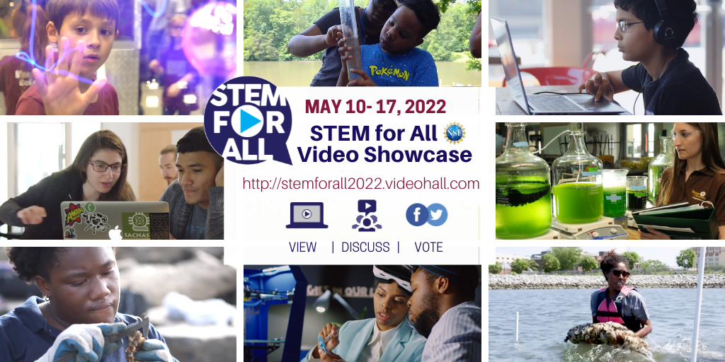The 2022 STEM for All Video Showcase shareable, showing photos of previous video entries