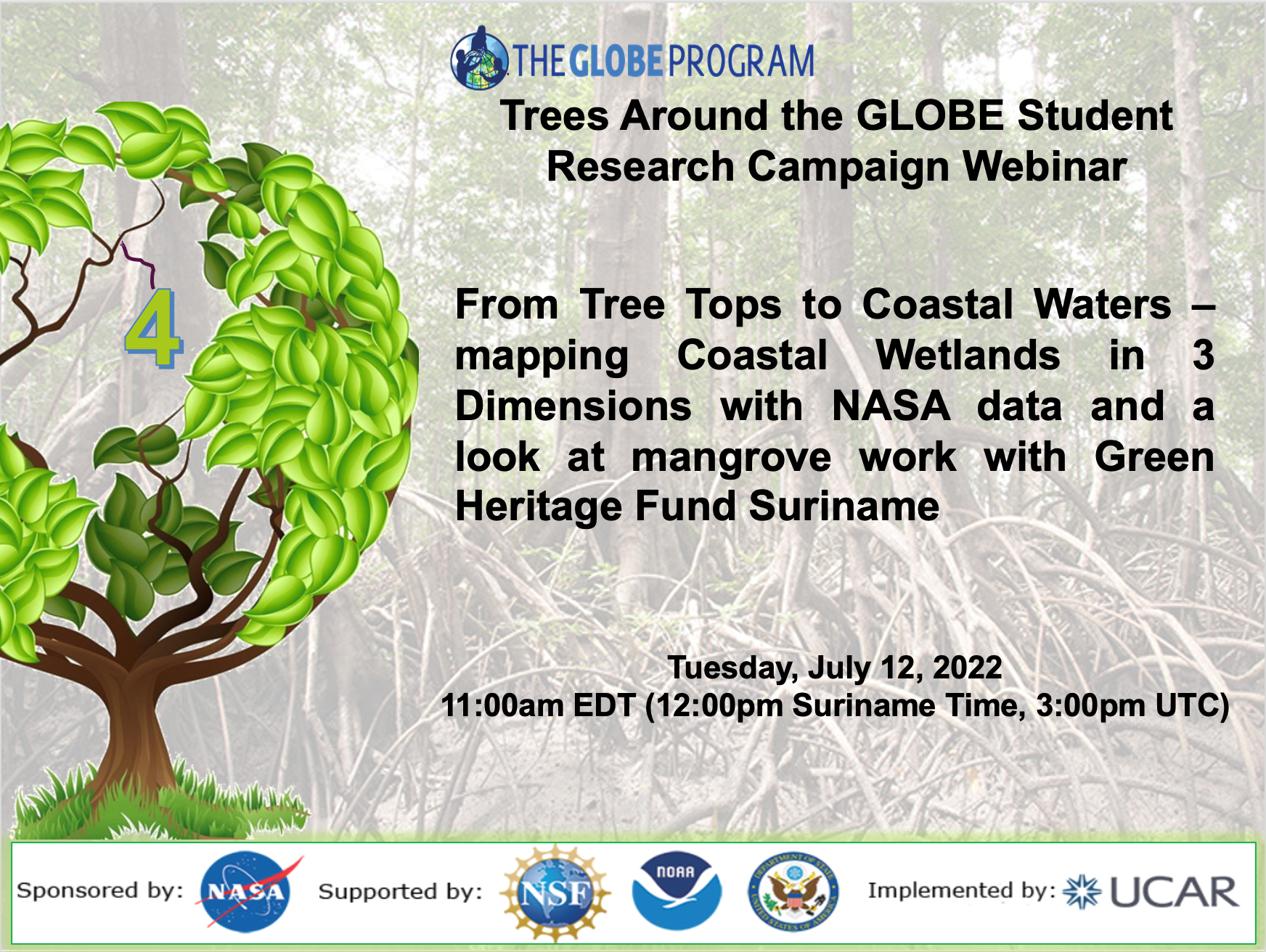 Trees Around the GLOBE Student Research Campaign 12 July webinar shareable, showing the title, time and date of the event