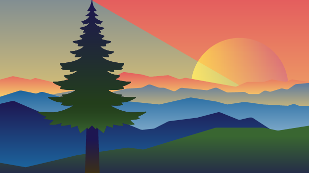 NASA GLOBE Trees Challenge 2022 graphic, showing a drawing of a tree in the mountains, and a sunset