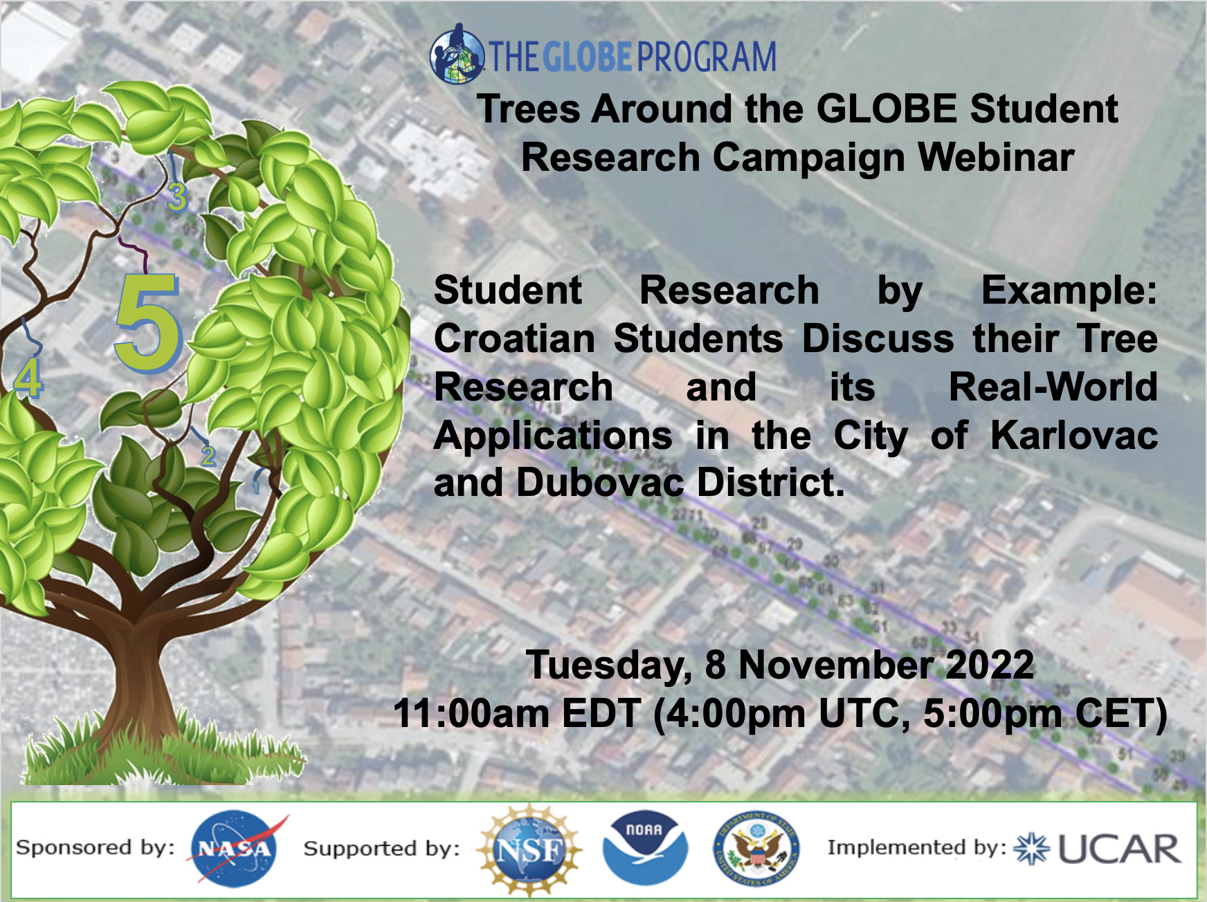 Trees Around the GLOBE 08 November webinar shareable, showing the title and date of the event