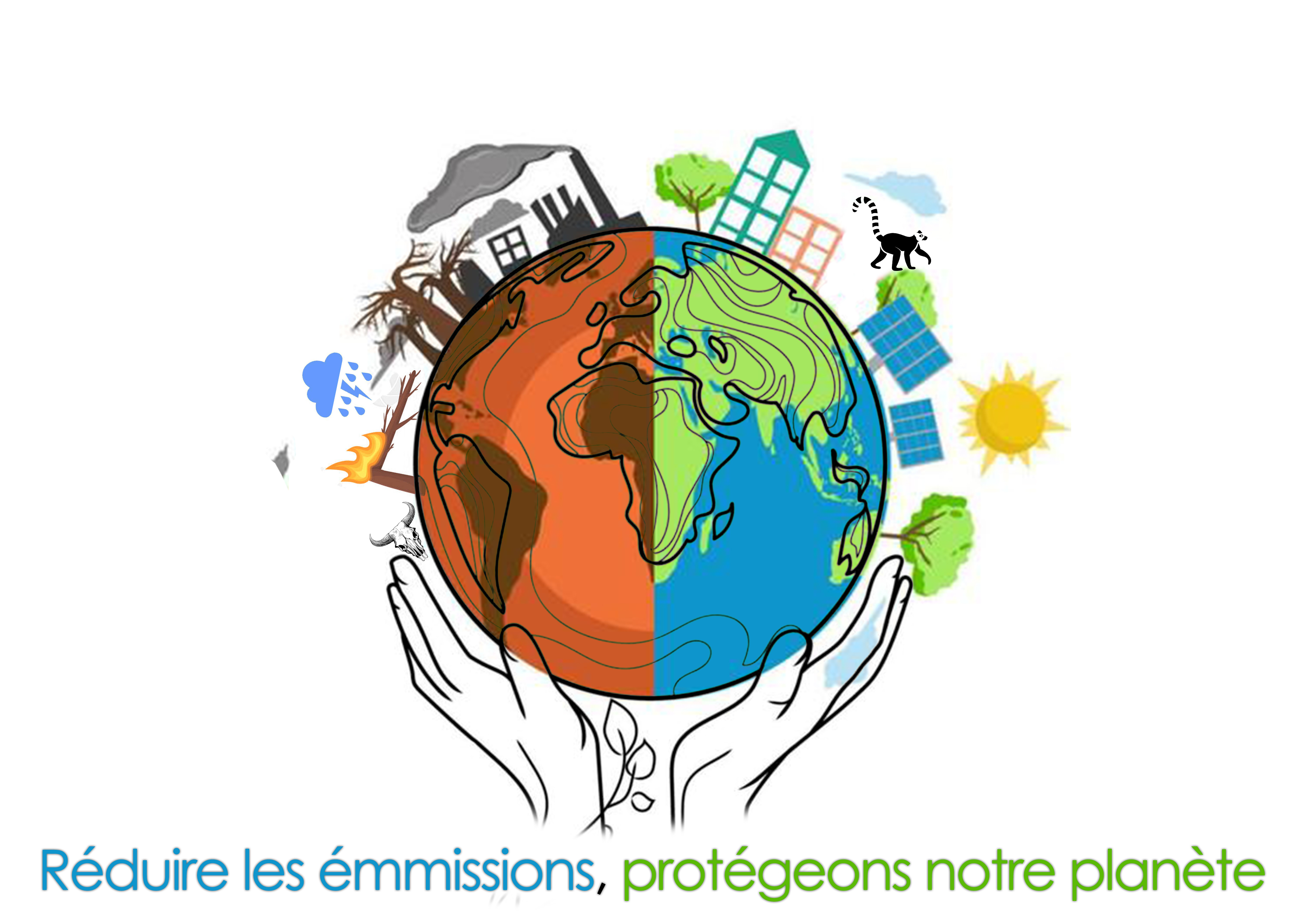 An image of a globe being held in hands. The globe is separated into 2 sections, with the left side being darker and the right side being normal colored. French text reads: Reduire le emmissions, protegeons notre planete.
