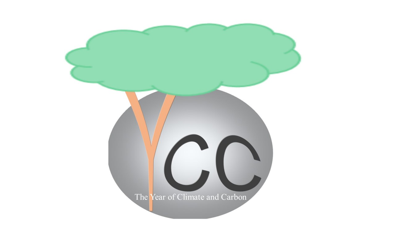 An image of a tree is reflected on a circular gray background with the letters “CC” in it reading: “The Year of Climate and Carbon”.