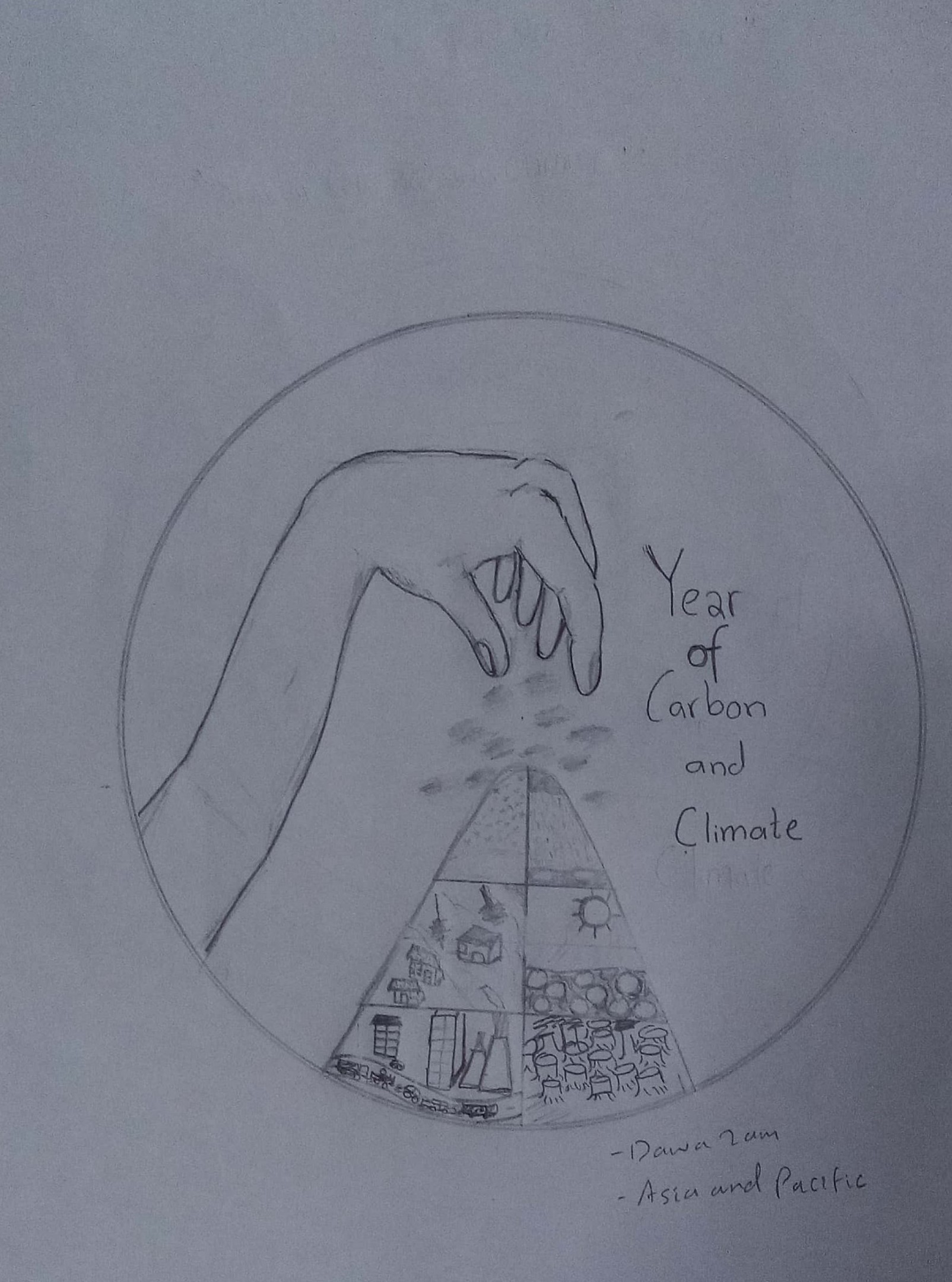 A sketch of a hand that is above a smaller sketch of a mountain depicting various climates and to the right it reads: “Year of Carbon and Climate”.