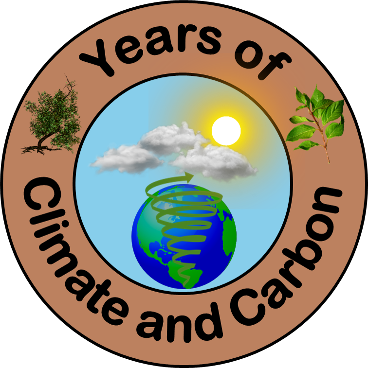 A circular picture of a globe with swirling arrows is bordered by a brown circle that reads, “Years of climate and carbon."