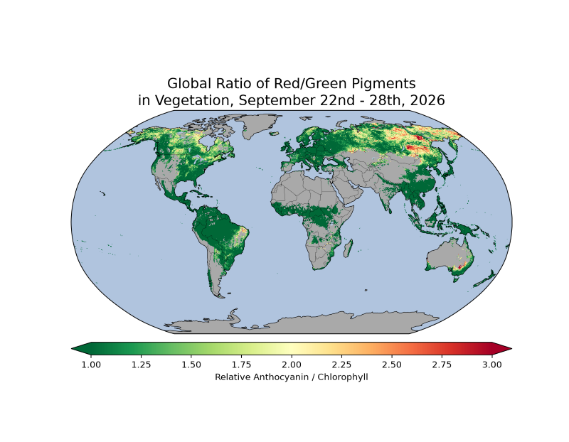 map of the globe showing Global ratio of red/green pigments in vegetation, September 22nd-28th, 2026.