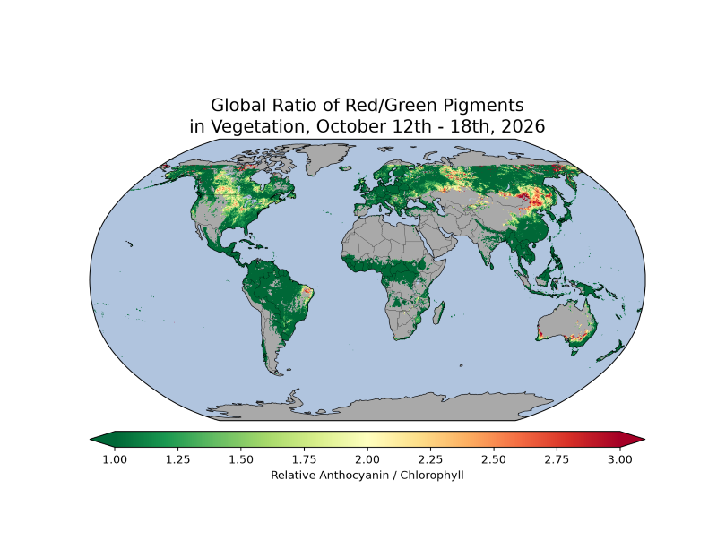 map of the globe showing Global ratio of red/green pigments in vegetation, October 12th to 18th, 2026.