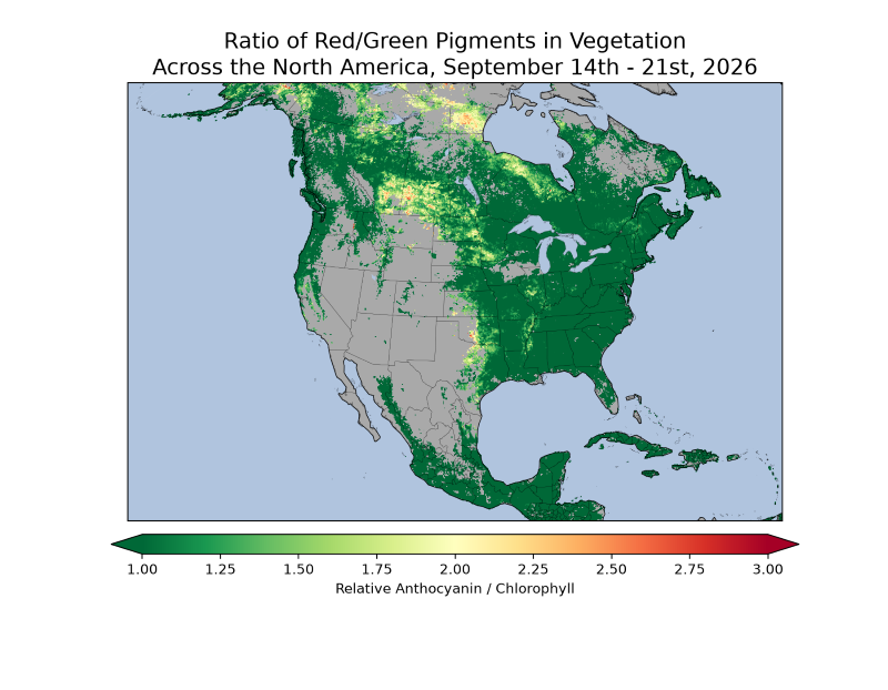 map of North America showing Ratio of red/green pigments in vegetation across North America, September 14th-21st, 2026.