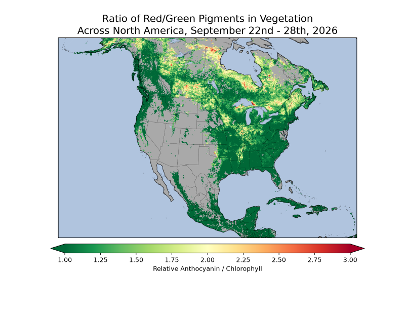 map of North America showing Ratio of red/green pigments in vegetation across North America, September 22nd-28th, 2026.
