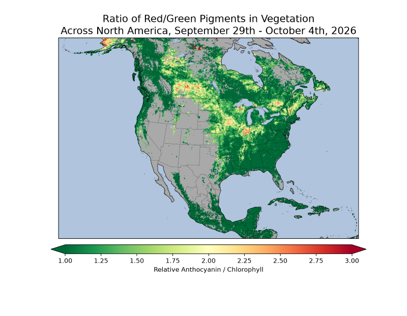 map of North America showing Ratio of red/green pigments in vegetation across North America, September 29th to October 4th, 2026.