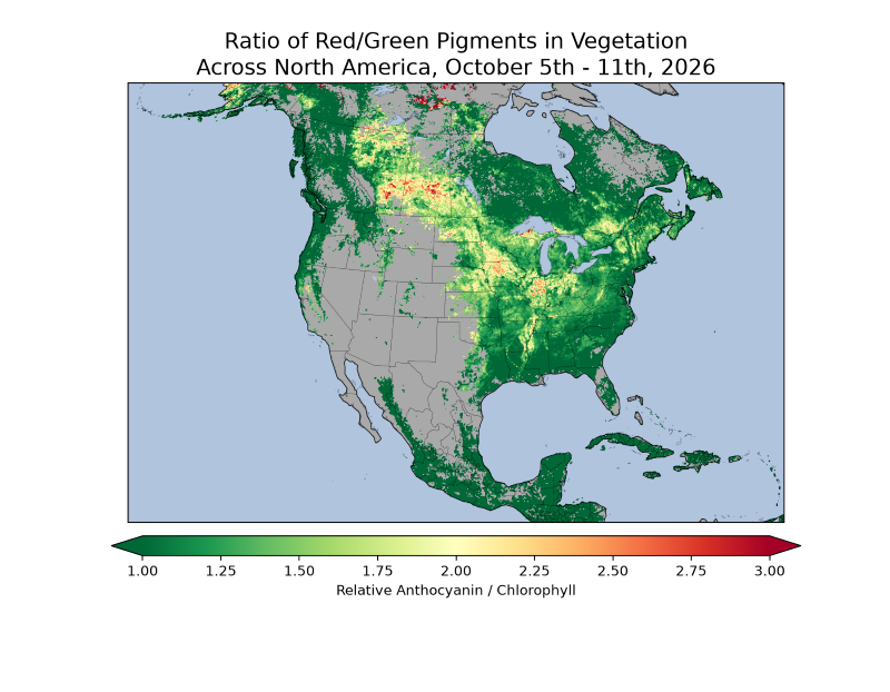 map of North America showing Ratio of red/green pigments in vegetation across North America, October 5th to 11th, 2026.