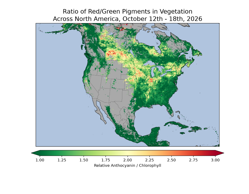 map of North America showing Ratio of red/green pigments in vegetation across North America, October 12th to 18th, 2026.