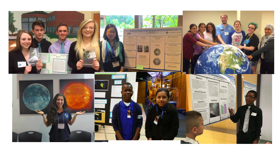 Six pictures from the 2016 SRS showing students presenting their research or enjoying hands on activities