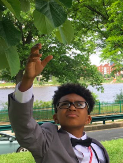 Child looks at leaf