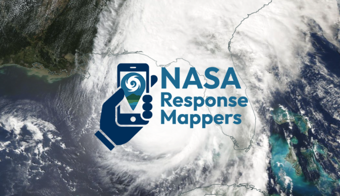 Satellite mage of a hurricane with the text NASA response mappers and an icon of a hand holding a smartphone