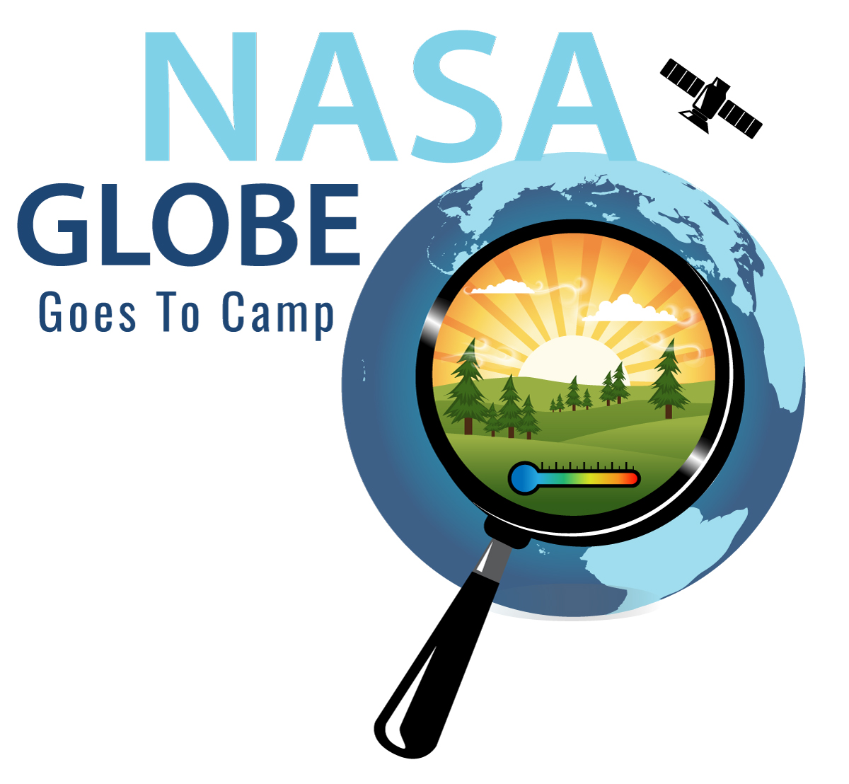 NASA GLOBE Goes to Camp logo with a magnifying glass over the Earth with a nature scene visible in the glass