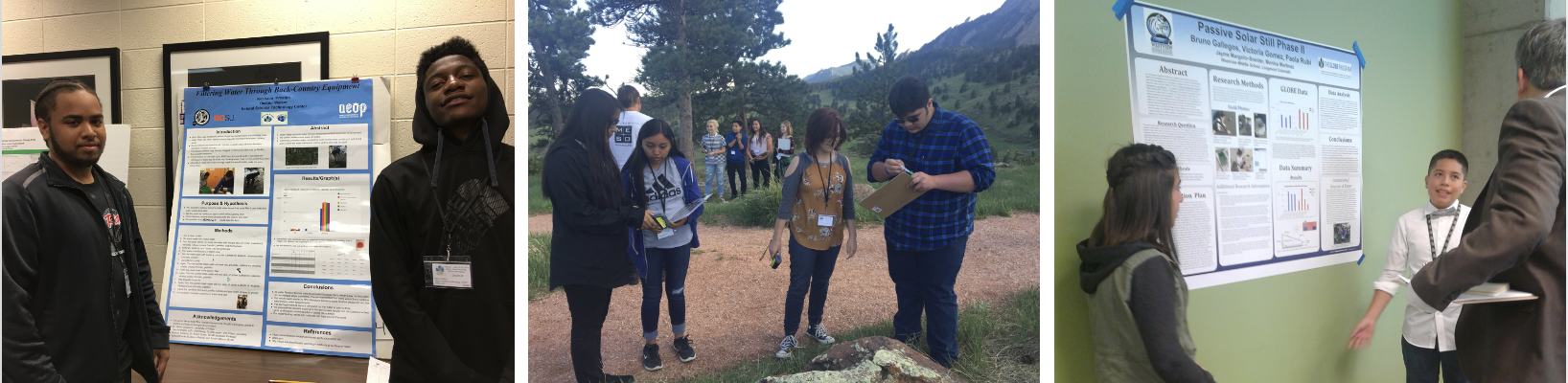 left image of two students with their poster, center image of students outside collecting surface temperature data, right image of students discussing research with a scientist