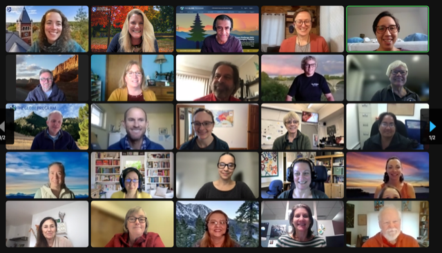 Zoom window screenshot showing 25 smiling faces of virtual NARM participants