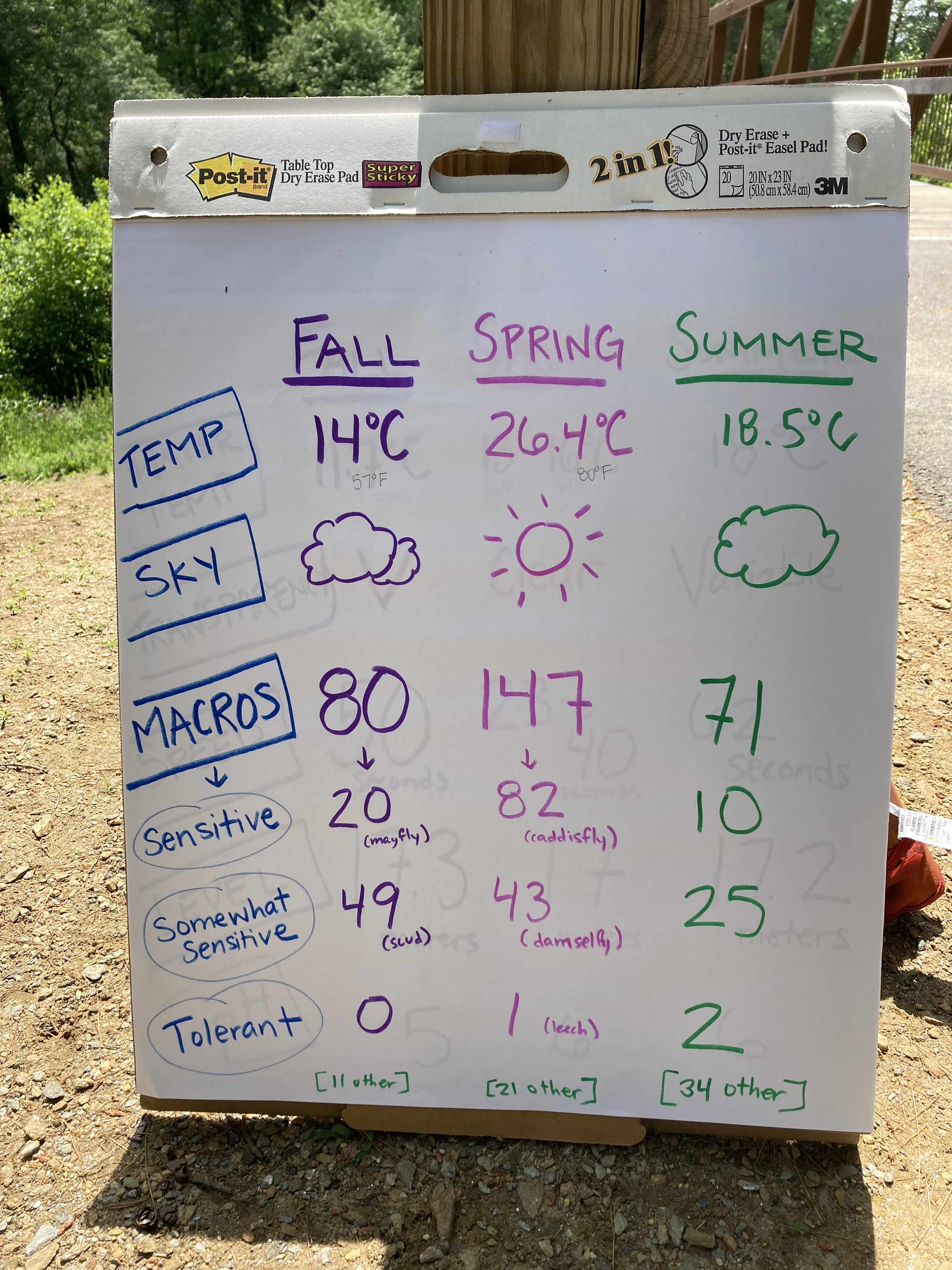 a chart showing data from 3 visits to the Cocheco River