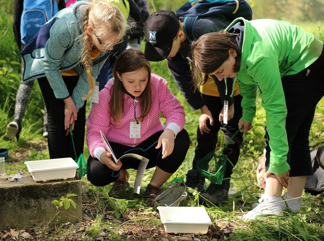 students conduct research outdoors