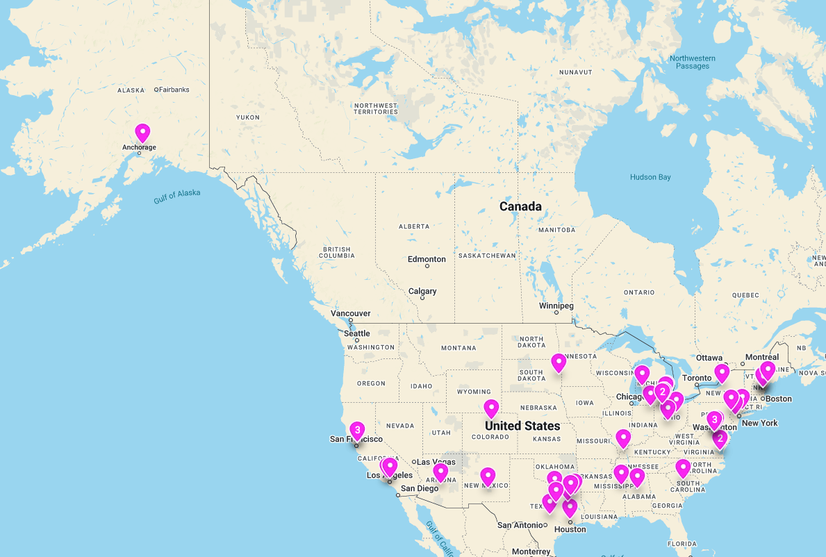 Map of the U.S. with pins for all SRS attendee locations