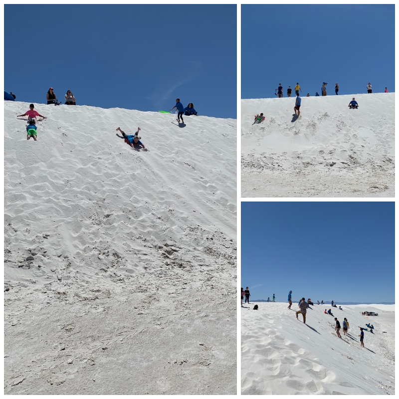 Collage of three pictures with students and teachers standing, sliding and enojying White Sands.