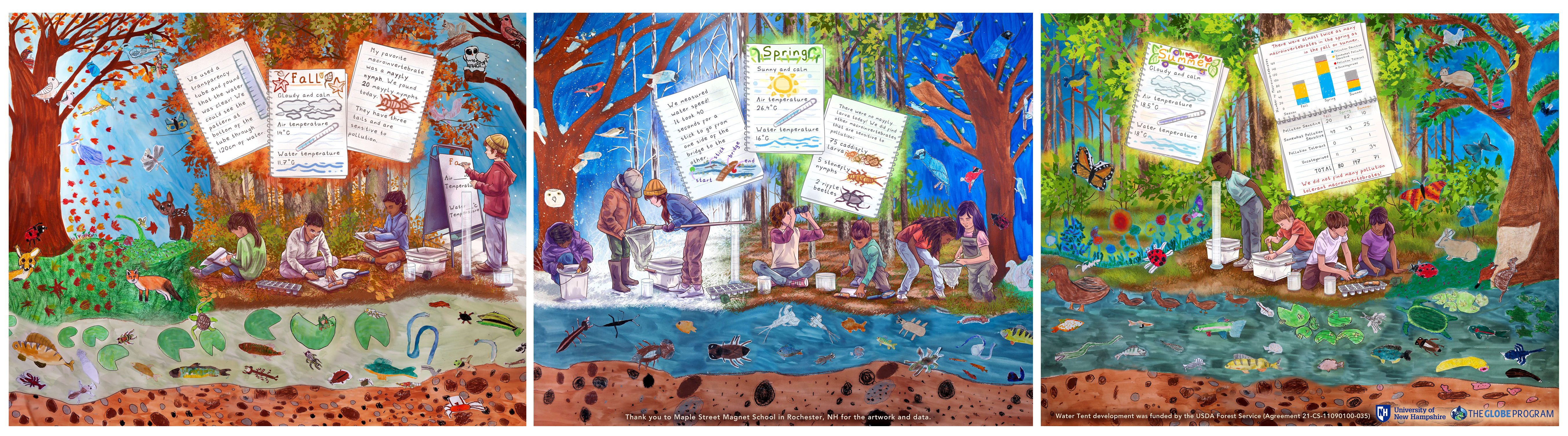 three panels of the Earth Around Us water tent show scenes from fall, spring, and summer, including plants and animals as well as students collecting water quality data