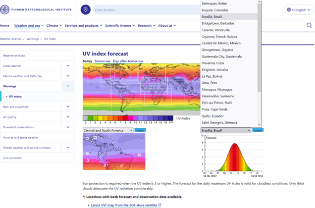 Finnish Meteorological Institute - UV Index page with a colorful graph of the world, northern and southern latitudes are orange, yellow, and green, and mid latitutdes are pink and purple. There is a drop-down list with names of Central and South American cities.