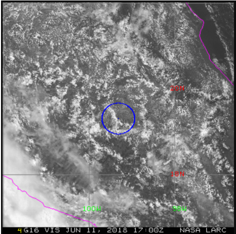 Satellite image of clouds, with a small section circled