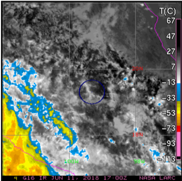 Satellite image of clouds, with a small section circled
