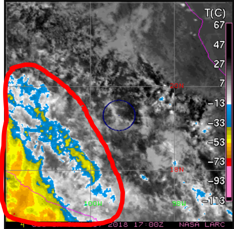 Satellite image of clouds, with a small section circled in middle, and large section circled in corner.