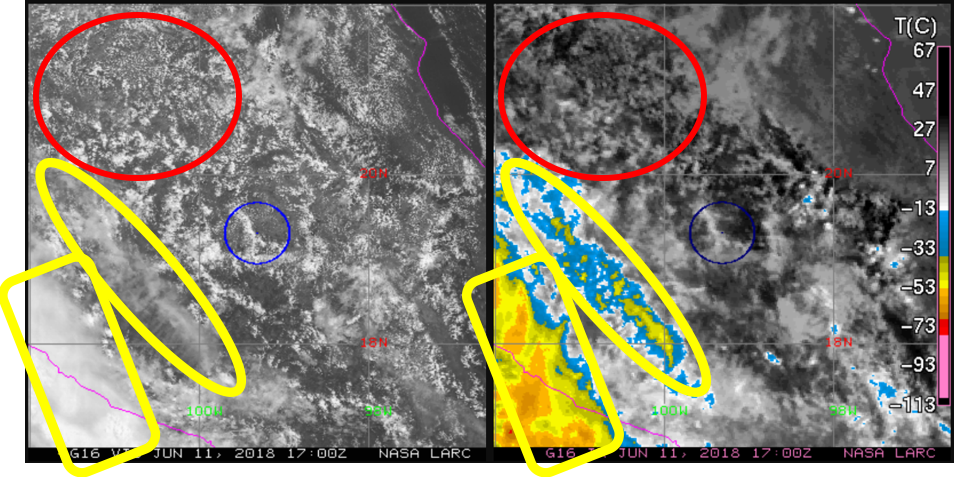Two satellite images of clouds, both with four circles in various sizes and colors.