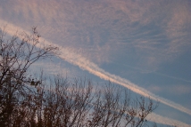 Contrails and cirrus at sunset