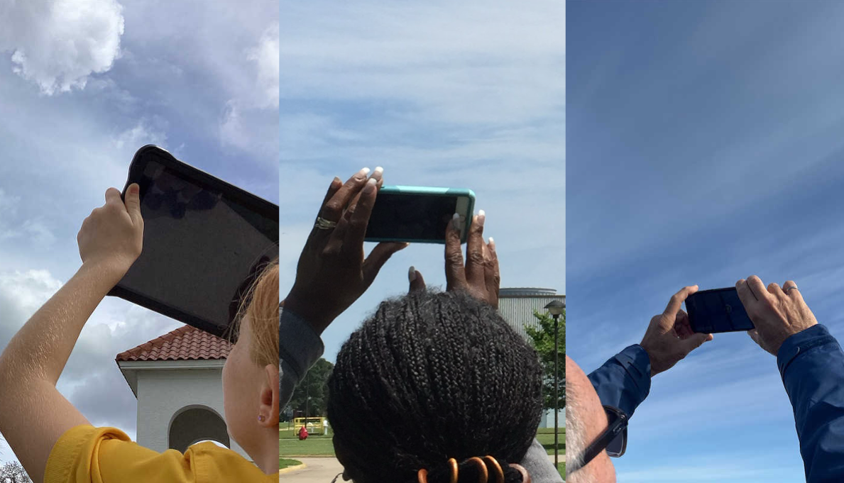 Three different volunteer observers point their devices at the sky to collect data with the GLOBE Observer app.
