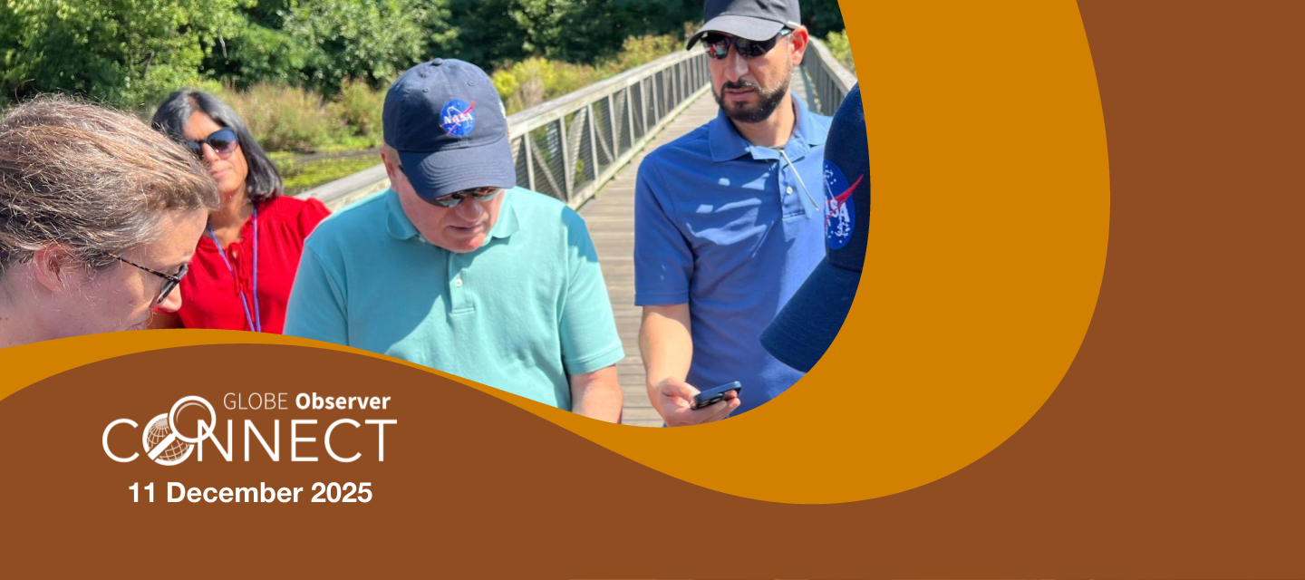 A group of people gathered around someone showing how to use the GO App. The text says GLOBE Observer Connect, 23 October 2025