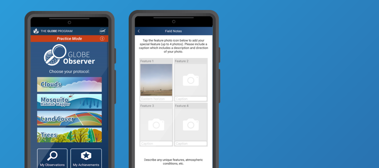 Images of the GLOBE Observer app screen with a Practice Mode banner, and the special features photo option for clouds, with a dust storm example.