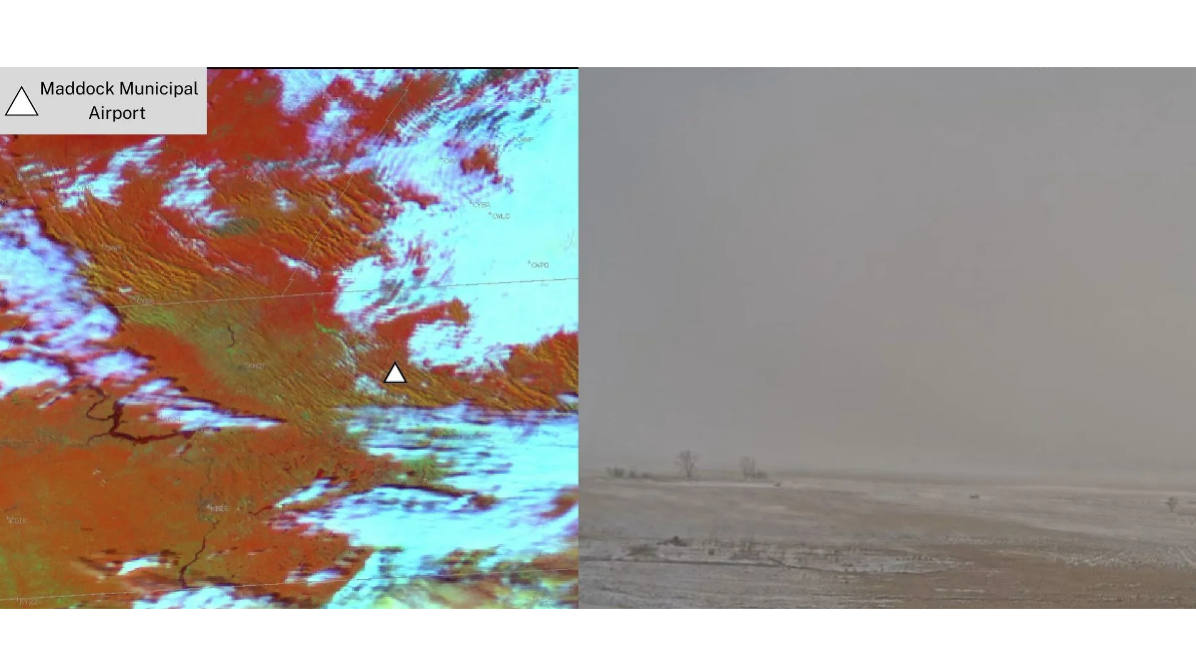 Left, a satellite image with a triangle marking Maddock Municipal Airport, and right a ground image from a camera at the airport.