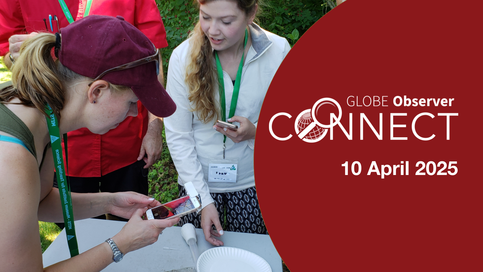 Two women and a man stand around a table outside on a sunny day. A paper plate and pipettes are on the table. The women both hold phones, and one is photographing a small speck--a mosquito larva--on the plate. Text overlays the image. It reads GLOBE Observer Connect 10 April 2025. 