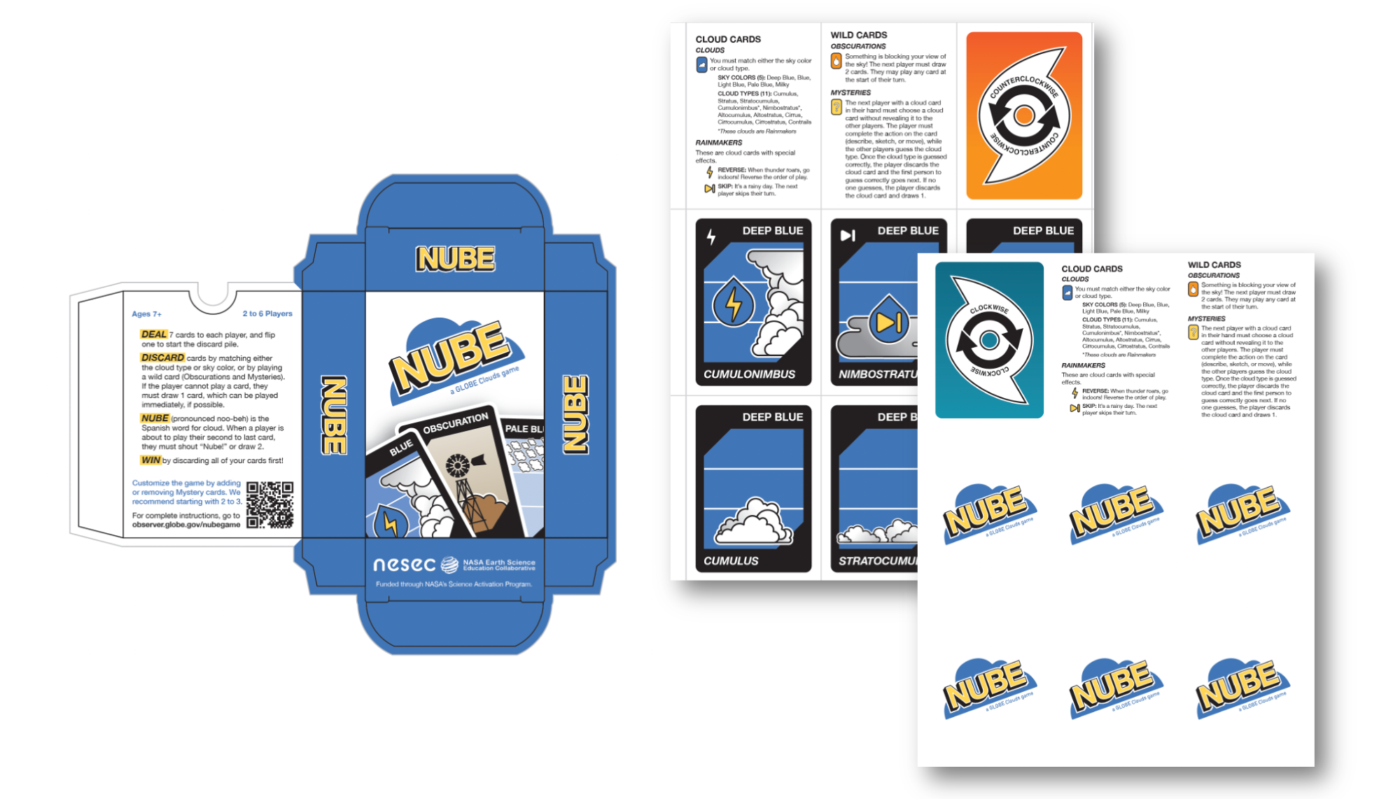 A DIY version of the NUBE game, showing the card box and two example pages of cards.