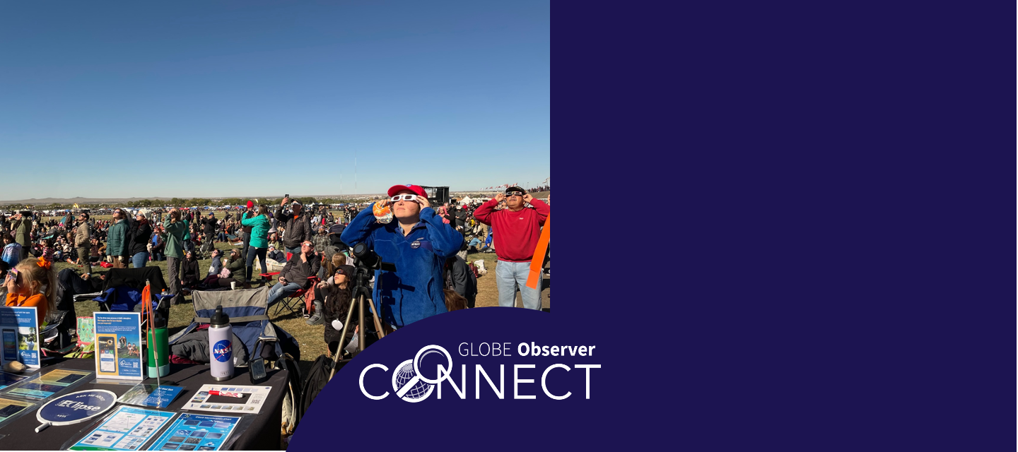 A crowd of people with solar viewing glasses looking up at the sky. Text over the image reads GLOBE Observer Connect.