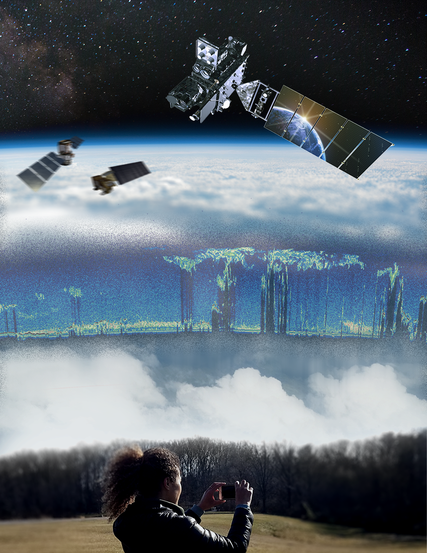 Composite image of an observer on the ground and a satellite above both looking at clouds.