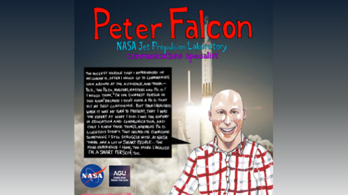 Drawing of Peter Falcon on a background of a rocket launching