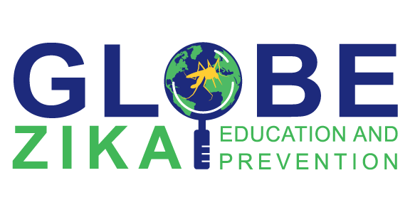 Mosquito image over globe. Text: GLOBE Zika Education and Prevention