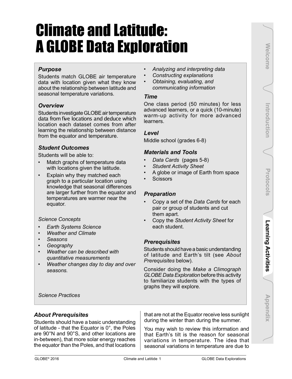 Learning Activities preview for Climate and Latitude- A GLOBE Data Exploration