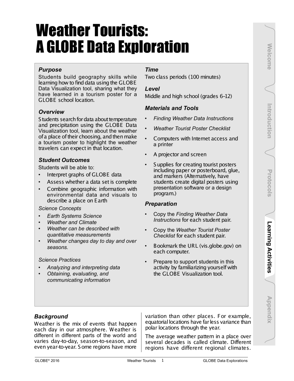 Learning Activities preview for Weather Tourists- A GLOBE Data Exploration