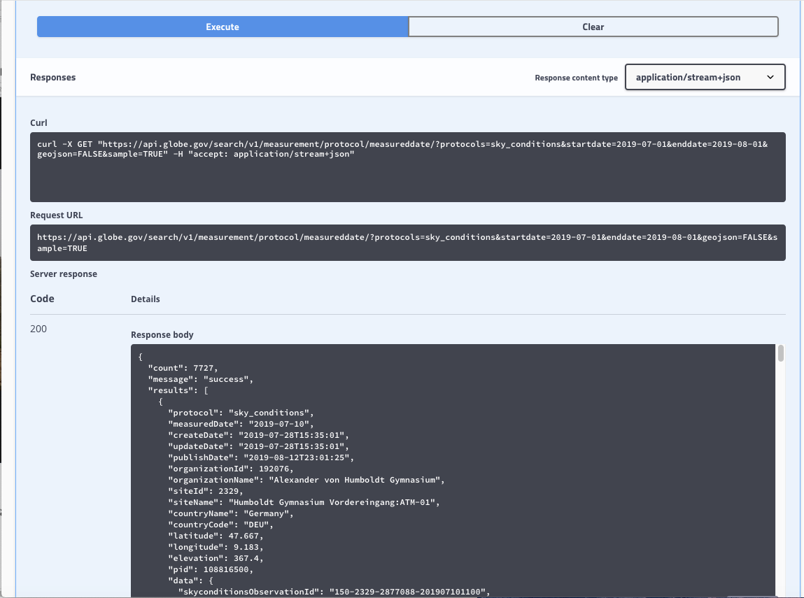 Screenshot of data sample in the API response body to review