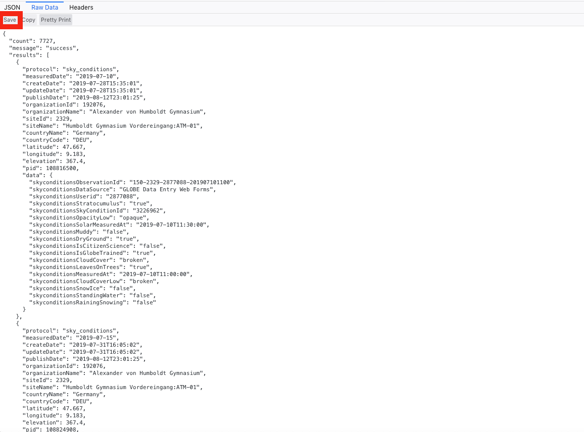 Screenshot of JSON file, with save button highlighted.