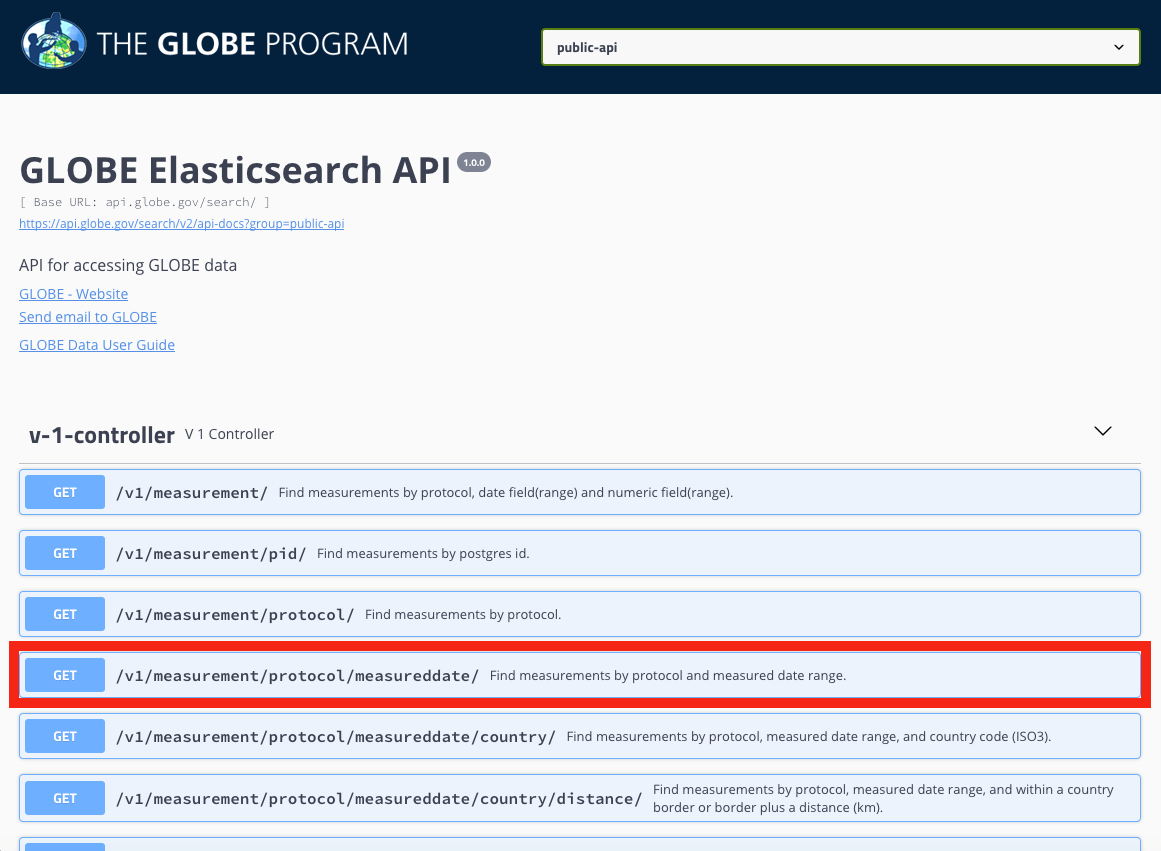 Screenshot of GLOBE API interface, with "protocol/measuredate" highlighted